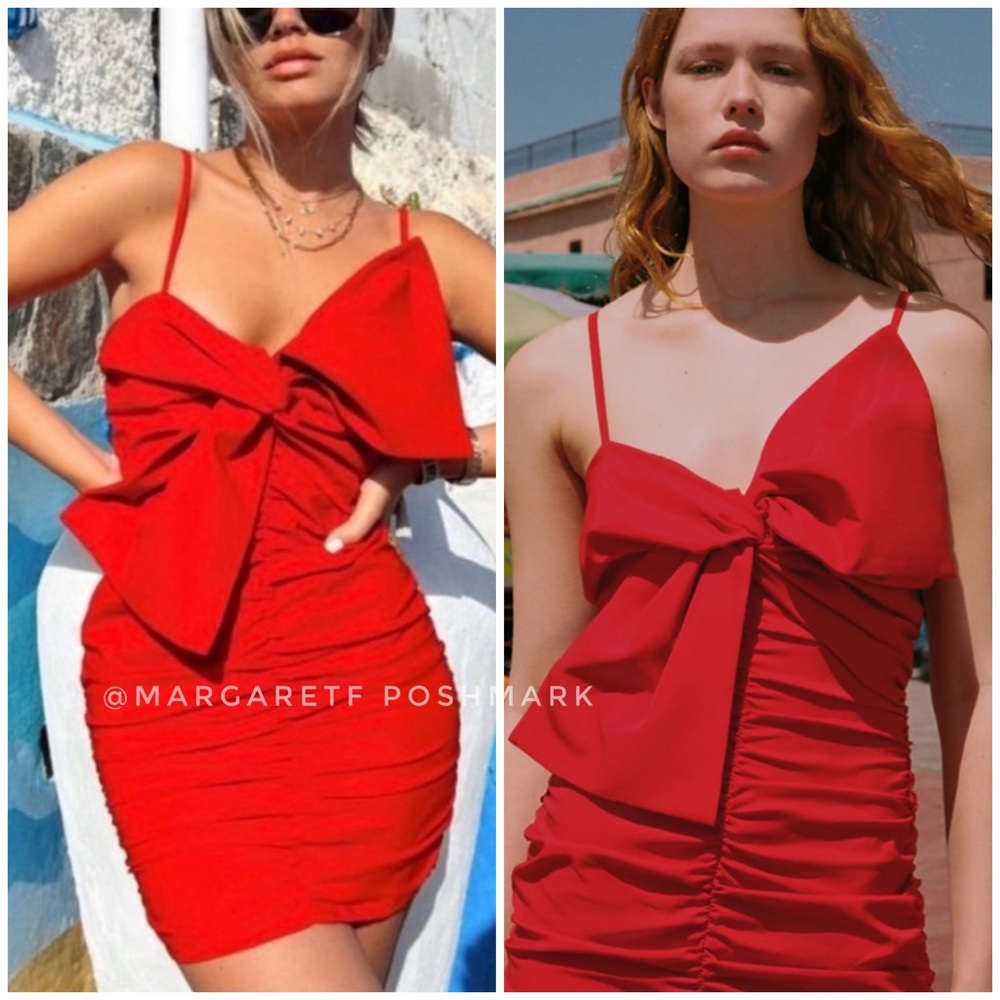 Zara tied , large bow ruched red dress blogger’s fave 2022